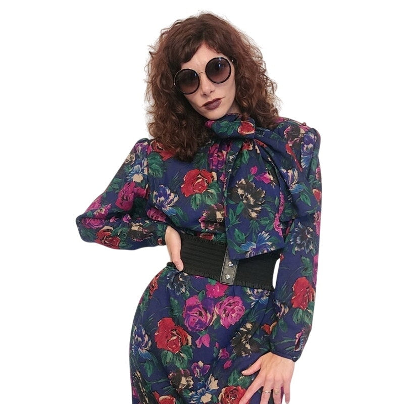Vintage 1980s UNGARO Sac Dress Dark Floral Print Wool w/Sash Necktie / M