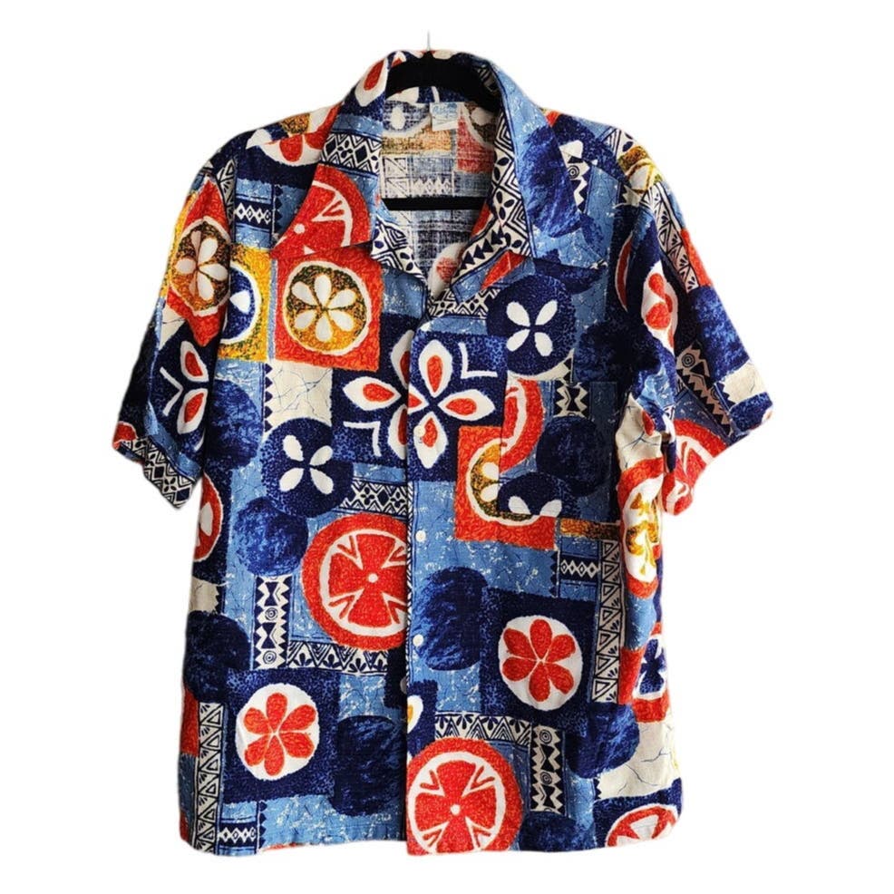 Vintage 50s Hawaiian Shirt Bark Cloth Tiki Print