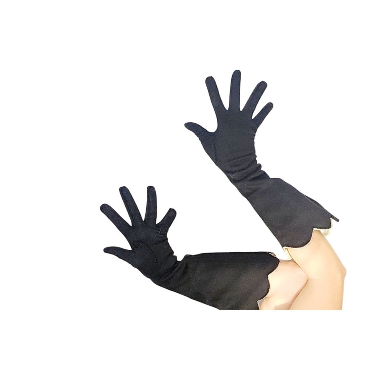 Vintage 40s Evening Gloves Black w/Cream Satin Scallop Edged Cuffs
