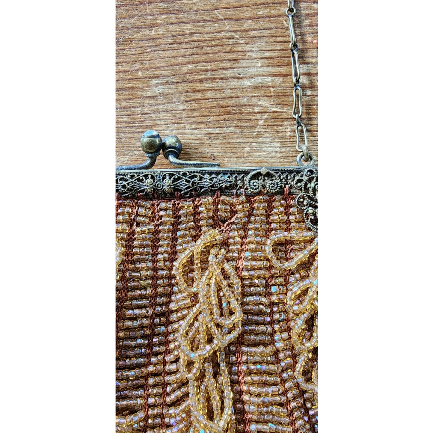 Vintage 1910s Glass Bead Bag Copper Looped Fringe France