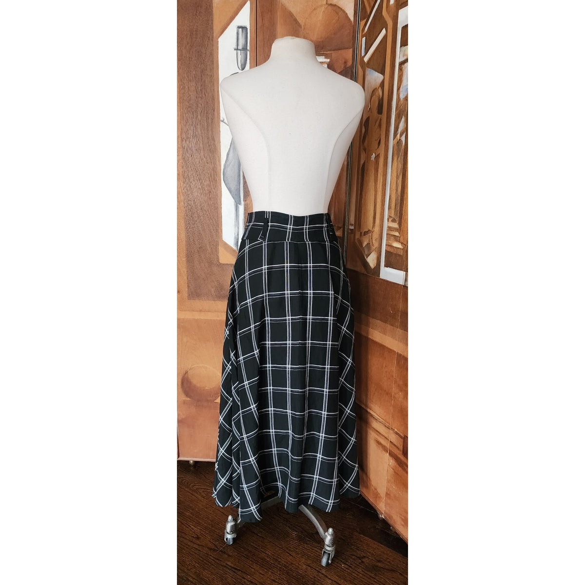 Vintage 1990s Anne Klein II Long Skirt Black Linen White Plaid Button Down / M
