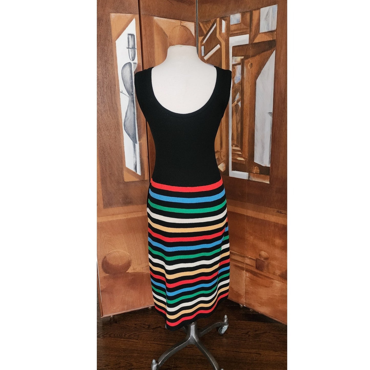 Vintage 70s St John Knit Dress + Bolero Jacket Set Black w/Rainbow Stripe