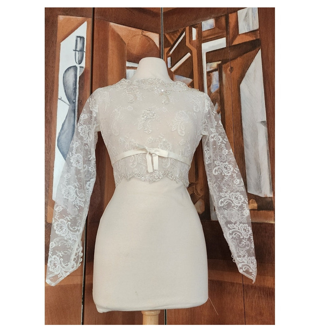 Vintage 50s Bridal Top Jacket Sheer White Lace & Sequins Long Sleeved