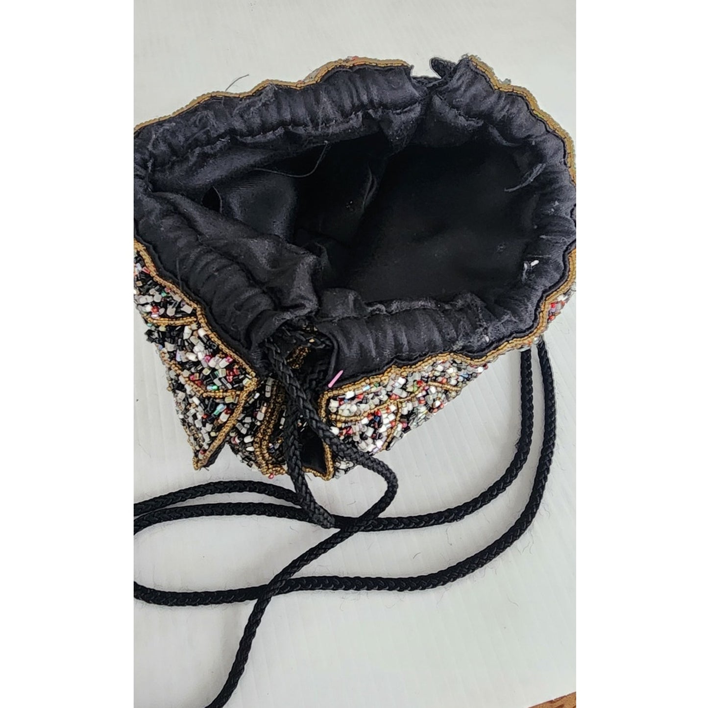 Vintage Beaded Evening Bag Black Silk Drawstring Crossbody Purse