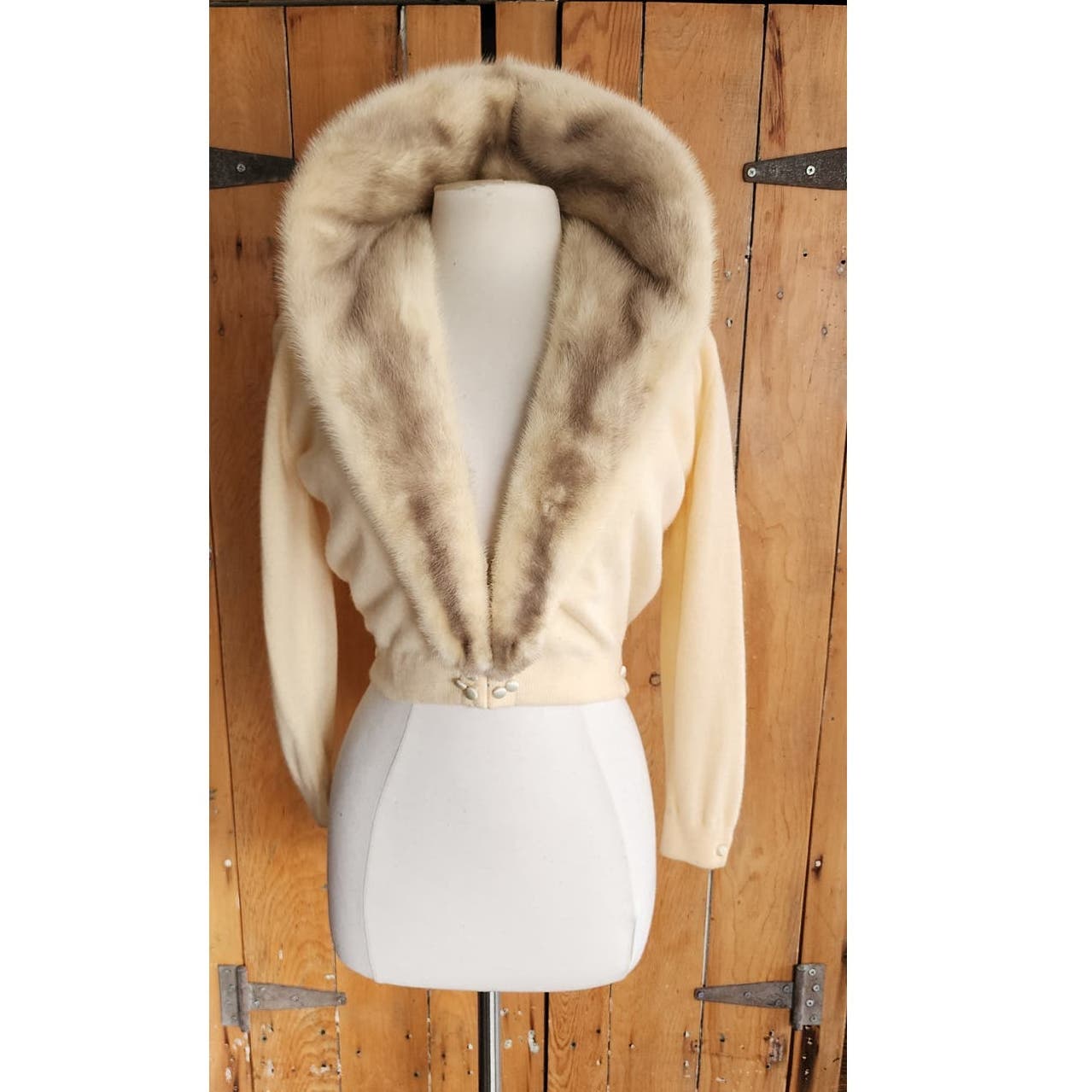Vintage 50s Cream Cashmere Cardigan Blonde Mink Collar