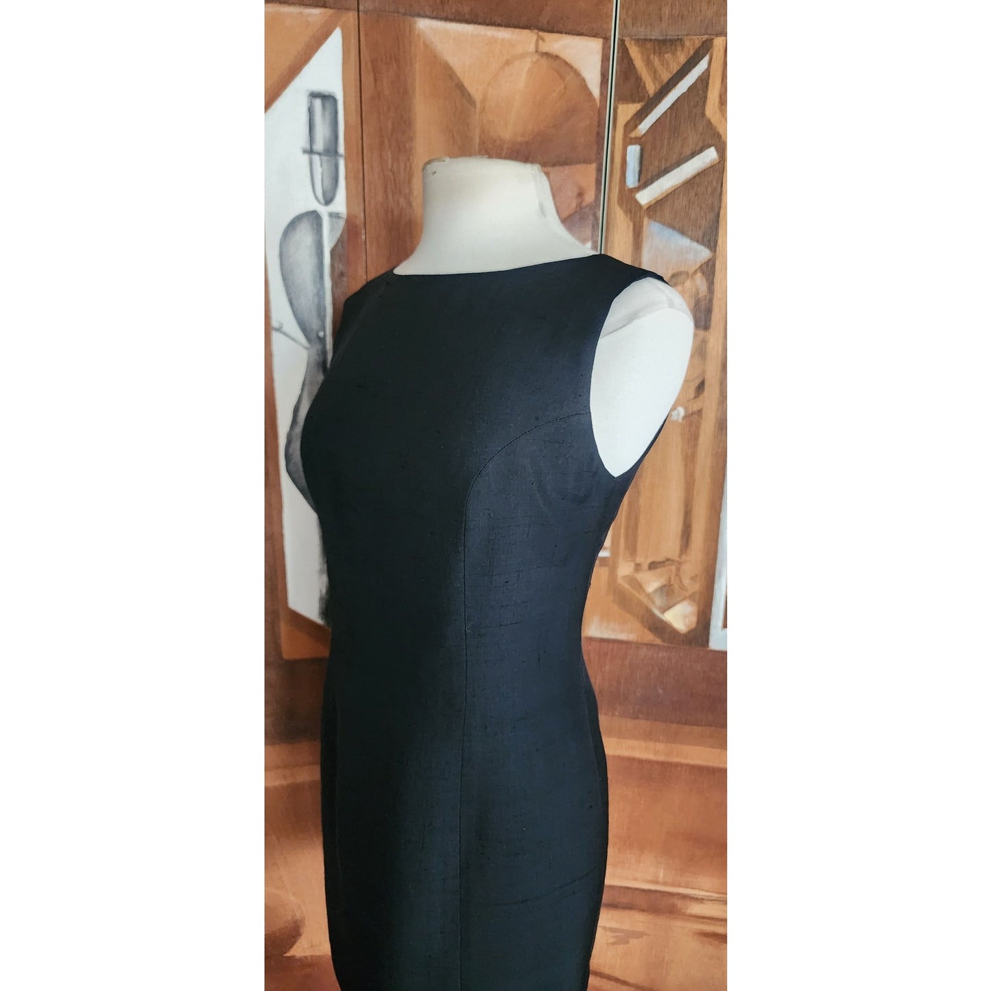 Vintage 90s Minimalist Dress Black Raw Silk Sleeveless Shift