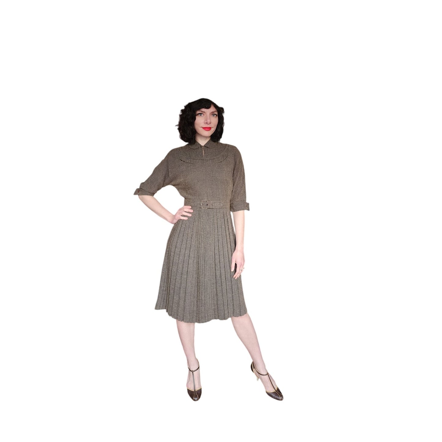 Vintage 40s Brown day Dress w/Belt Nubby Texture Kabro of Houston