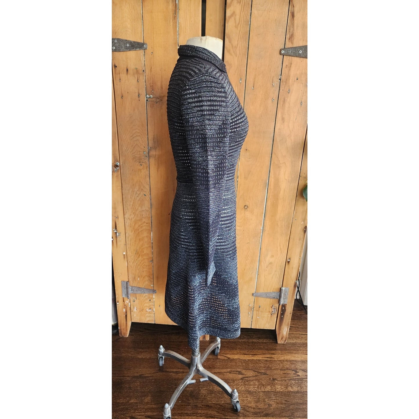 Vintage MISSONI Knit Dress Metallic Black Midi Length Stretchy / S-M