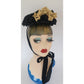 Antique Victorian Hat Black Satin w/Cream Silk Flowers 1800s 19th Century