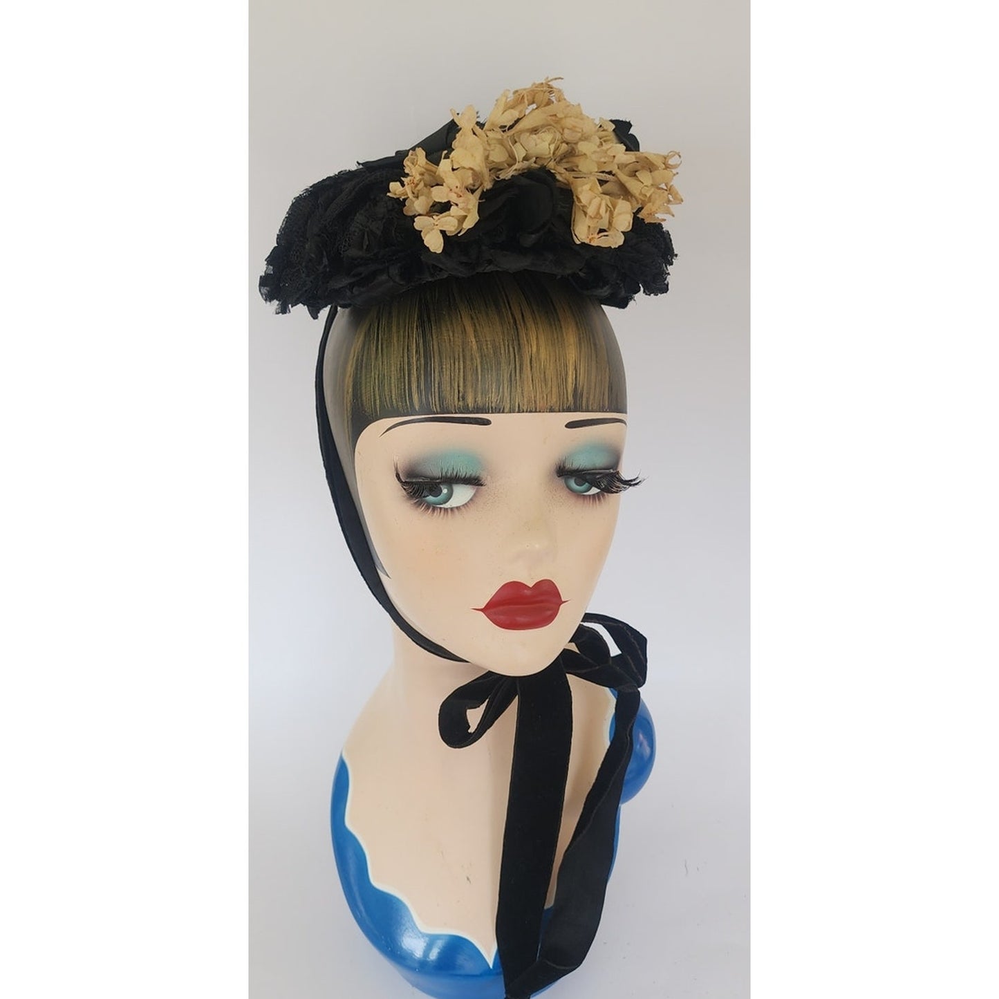 Antique Victorian Hat Black Satin w/Cream Silk Flowers 1800s 19th Century