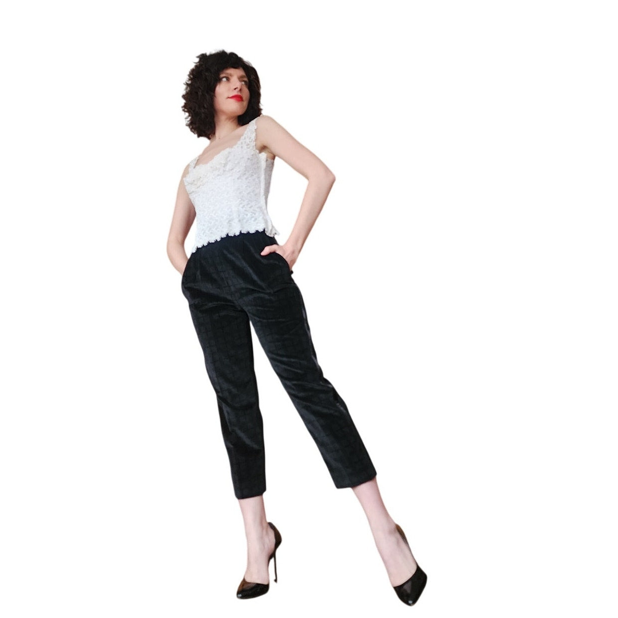 Vintage 60s Black Velvet Pants Ankle Length w/Pockets XS