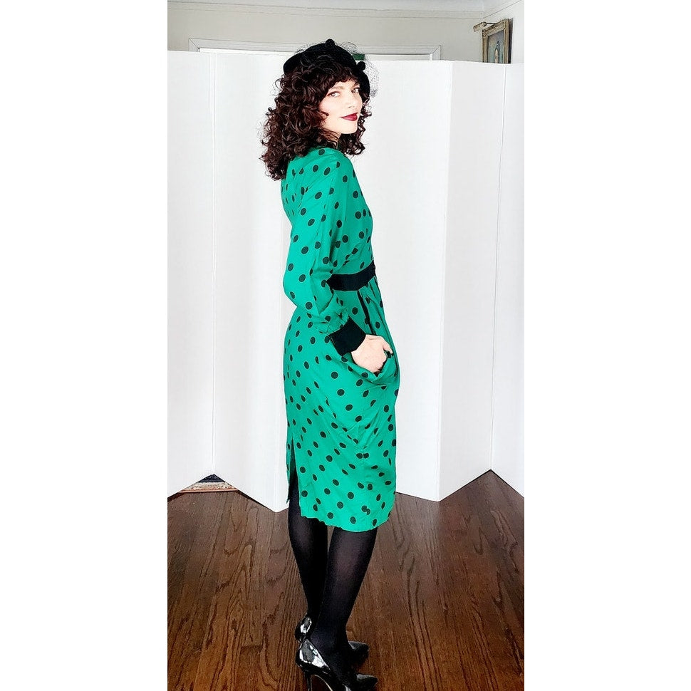 Vintage 80s Does 40s Green Polkadot Print Dress Peplum Pockets  / Strawberry Studio / S