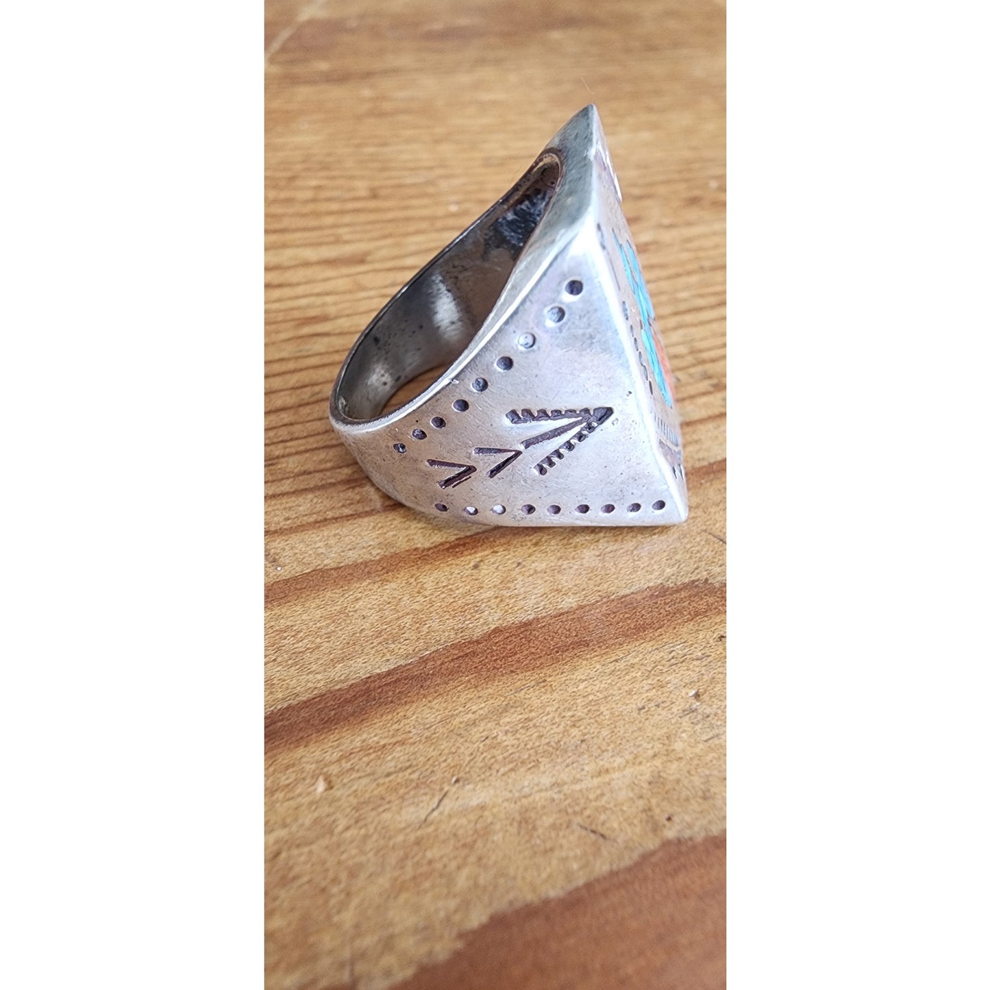 Vintage Mens Ring Native American Sterling Silver Thunderbird Turquoise Coral Chip Mosaic Navajo Inlay