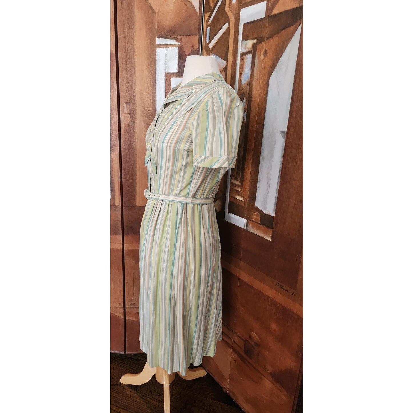 Vintage 40s 50s Pastel Green Blue Striped Day Dress w/Pocket & Belt Short Sleeves