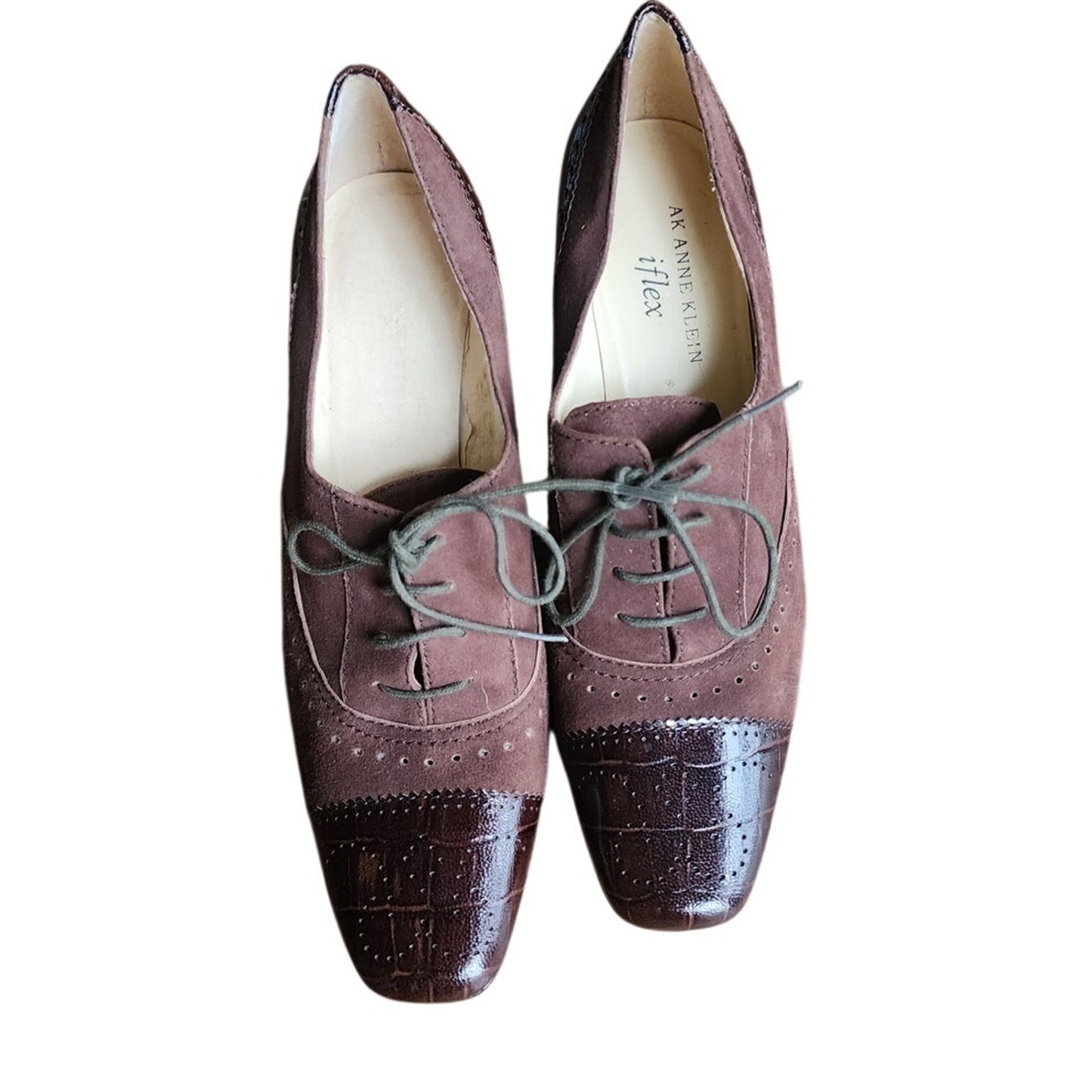 Vintage 1930s Style Brown Suede Shoes Lace Up Oxford Heels Anne Klein 6.5
