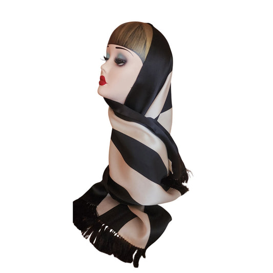 Vintage 40s Liquid Silk Scarf Black White Striped Fringed Peck & Peck Unisex Art Deco Geometric