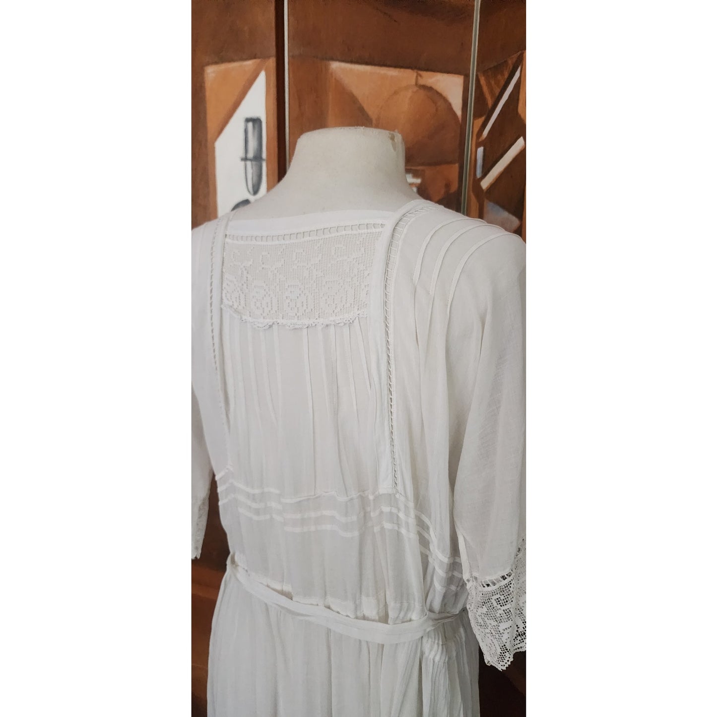 Antique 1910s White Lingerie Tea Dress Lawn Gown Crochet Lace Embroidery Drop Waist L