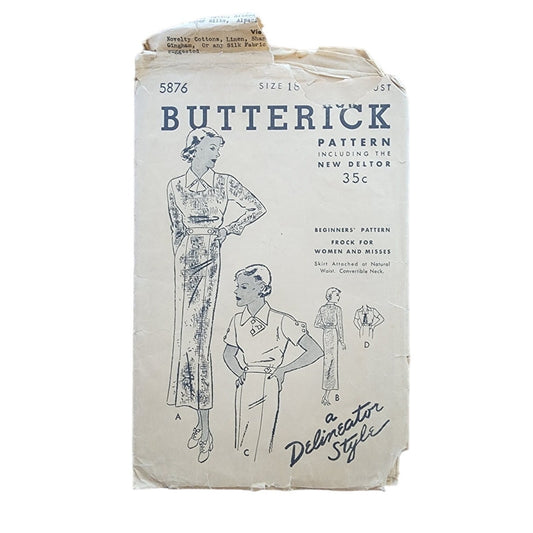 Vintage 1930s ORIGINAL Dress Sewing Pattern: Belted Day Dress Frock Butterick 5876