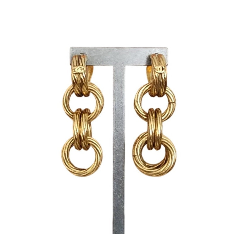 Vintage 90s Chanel Gold Earrings Clips 93P Multi-Ring Drop Logo Hoop Danglies