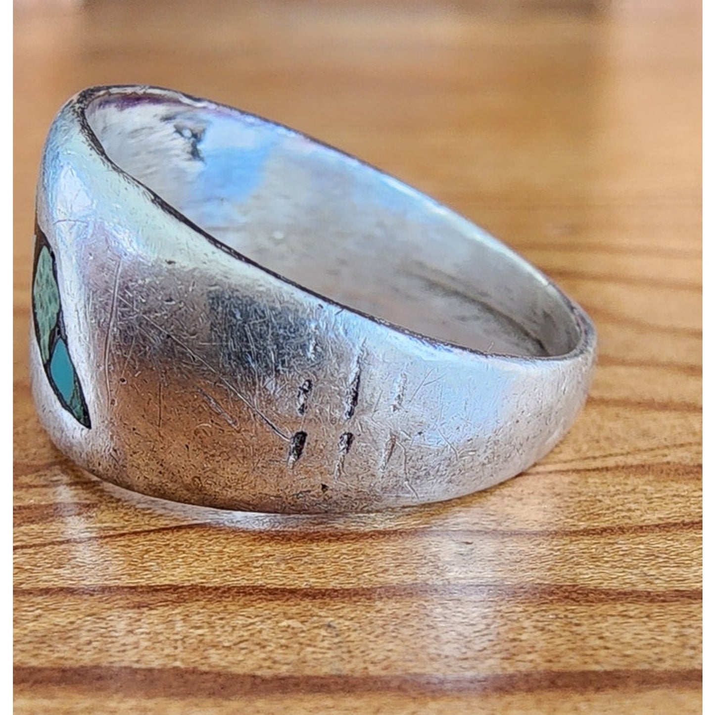 Vintage Mens Southwestern Mosaic Inlay Band Ring Sterling Silver Turquoise Coral Multi-Stone Size 7 3/4