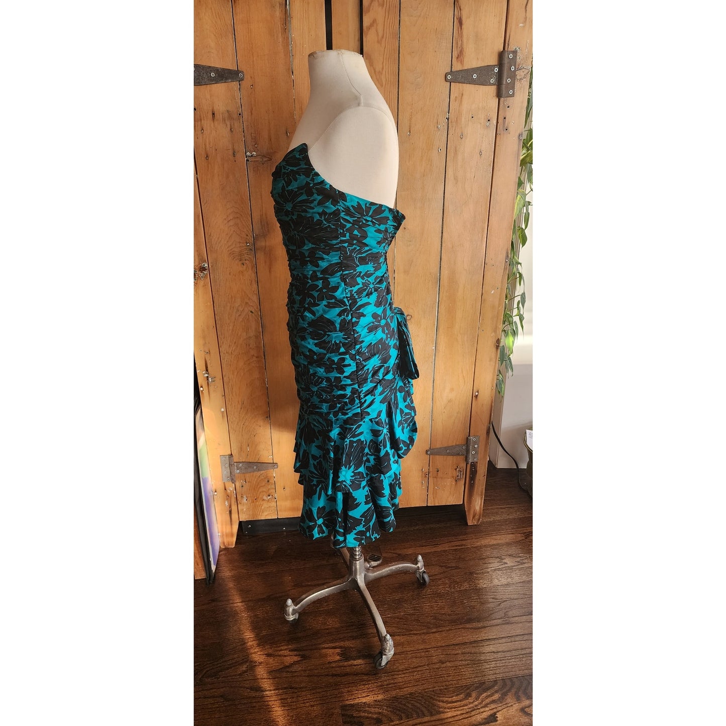 Vintage 80s Strapless Party Dress Teal Black Floral Print