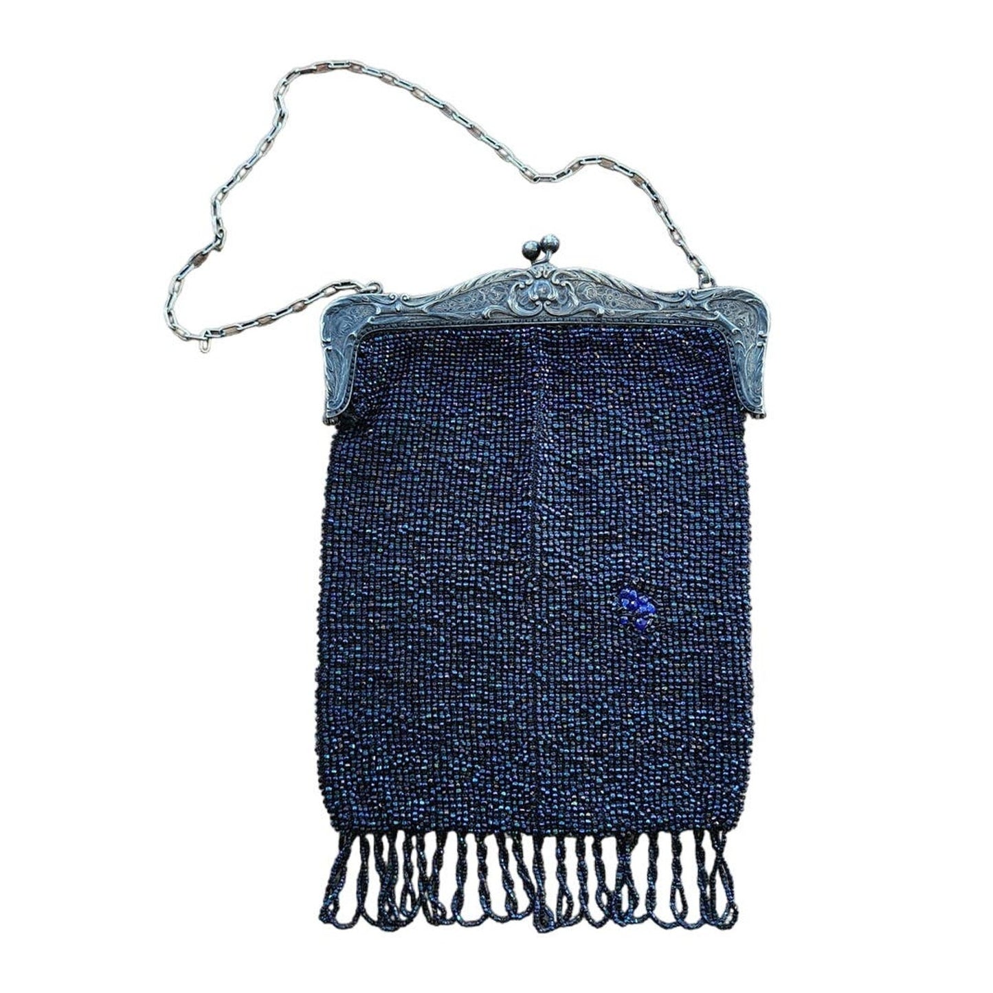 Edwardian Beaded Evening Bag Navy Blue Glass Microbeading