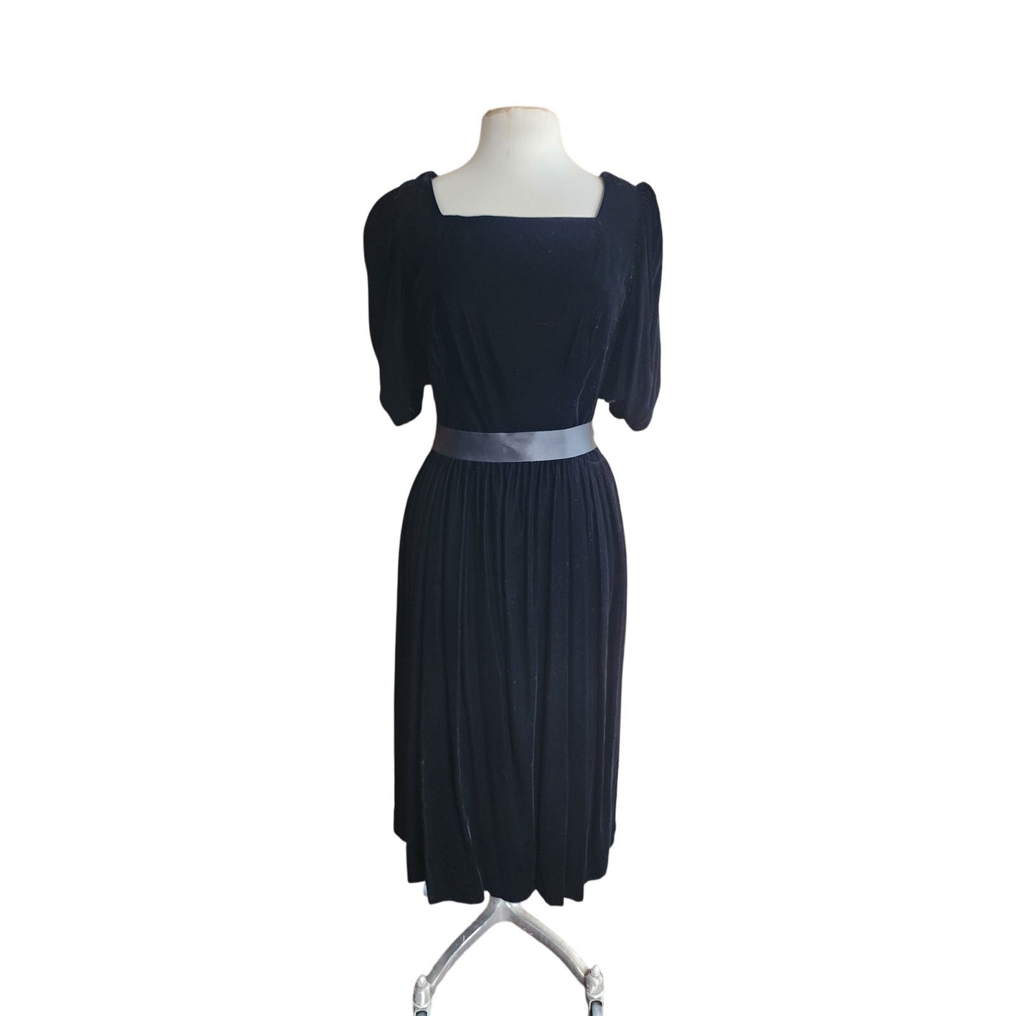 Vintage 80s Black Velvet Party Dress Puffed Sleeves Kappi I Magnin