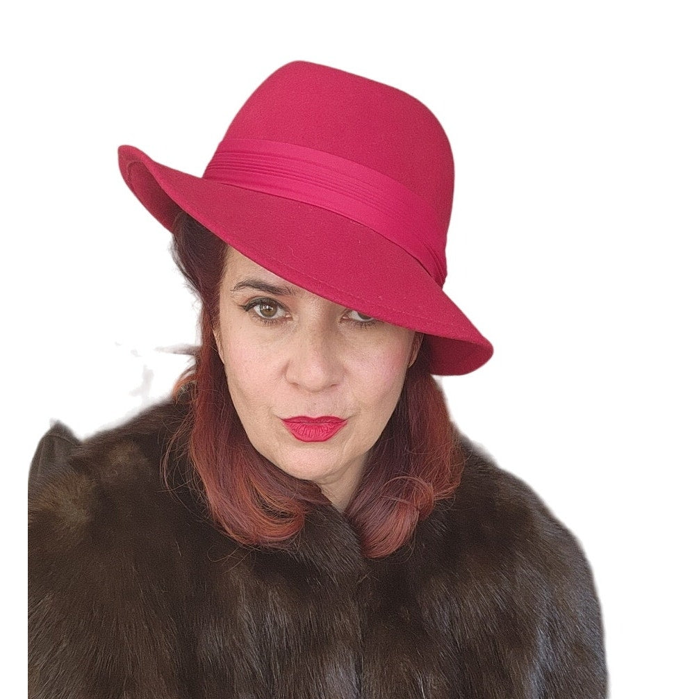 70s Raspberry Red Wool Hat Large Brim Betmar