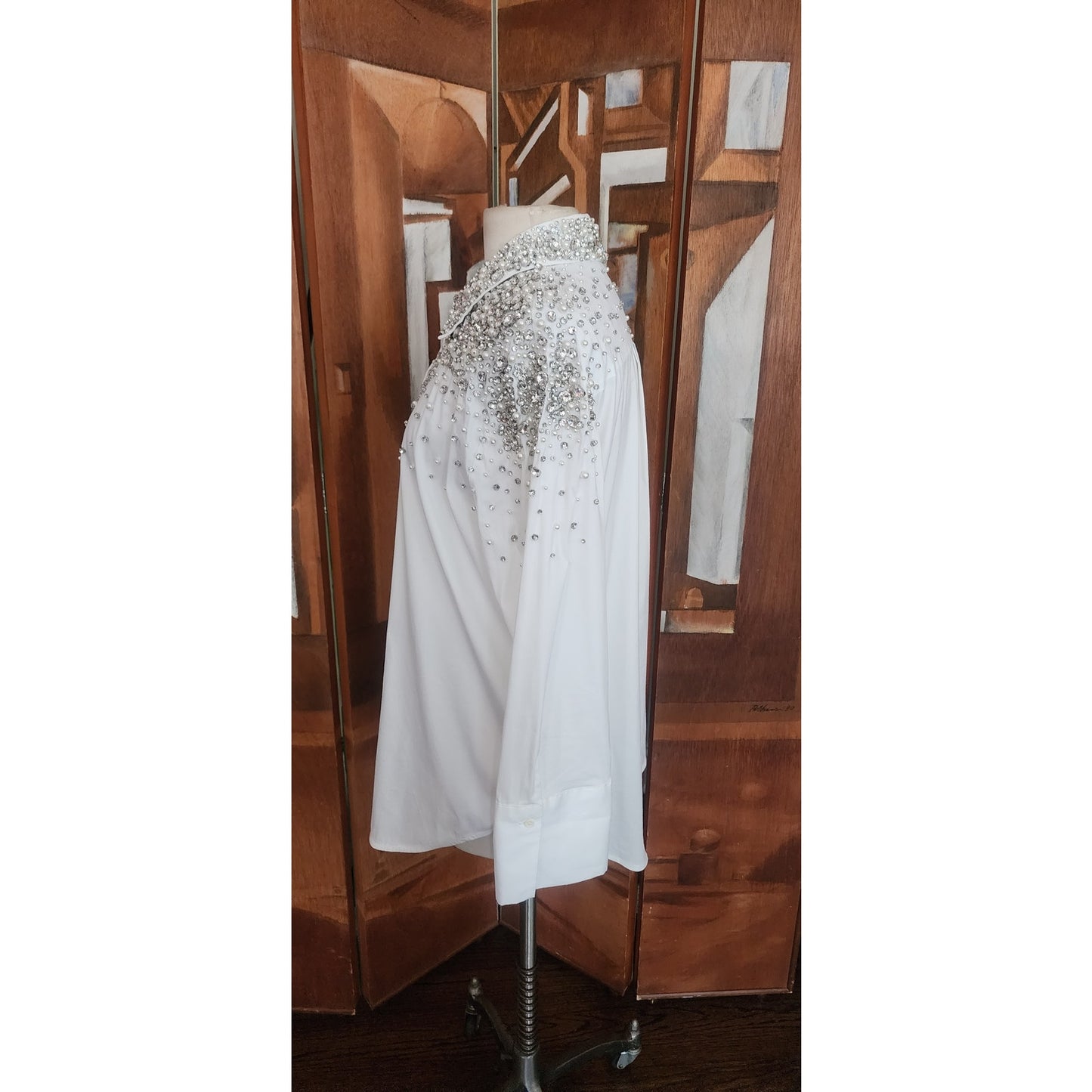 Alice + Olivia White Shirt Embellished Silver Rhinestone Crystal Beads Long Sleeve Button Down