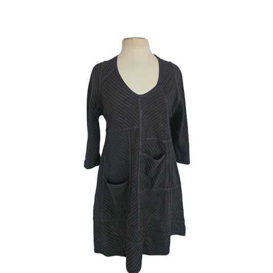 Cynthia Ashby Striped Linen Dress Dark Gray Long Sleeves Pockets