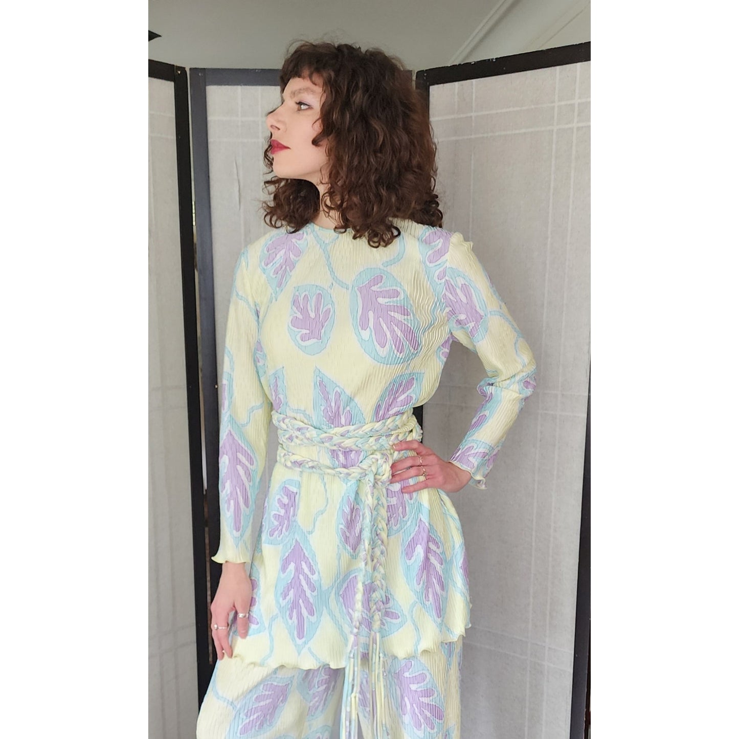 Vintage 70s Mary McFadden Pants Tunic Set Printed Micro Pleats