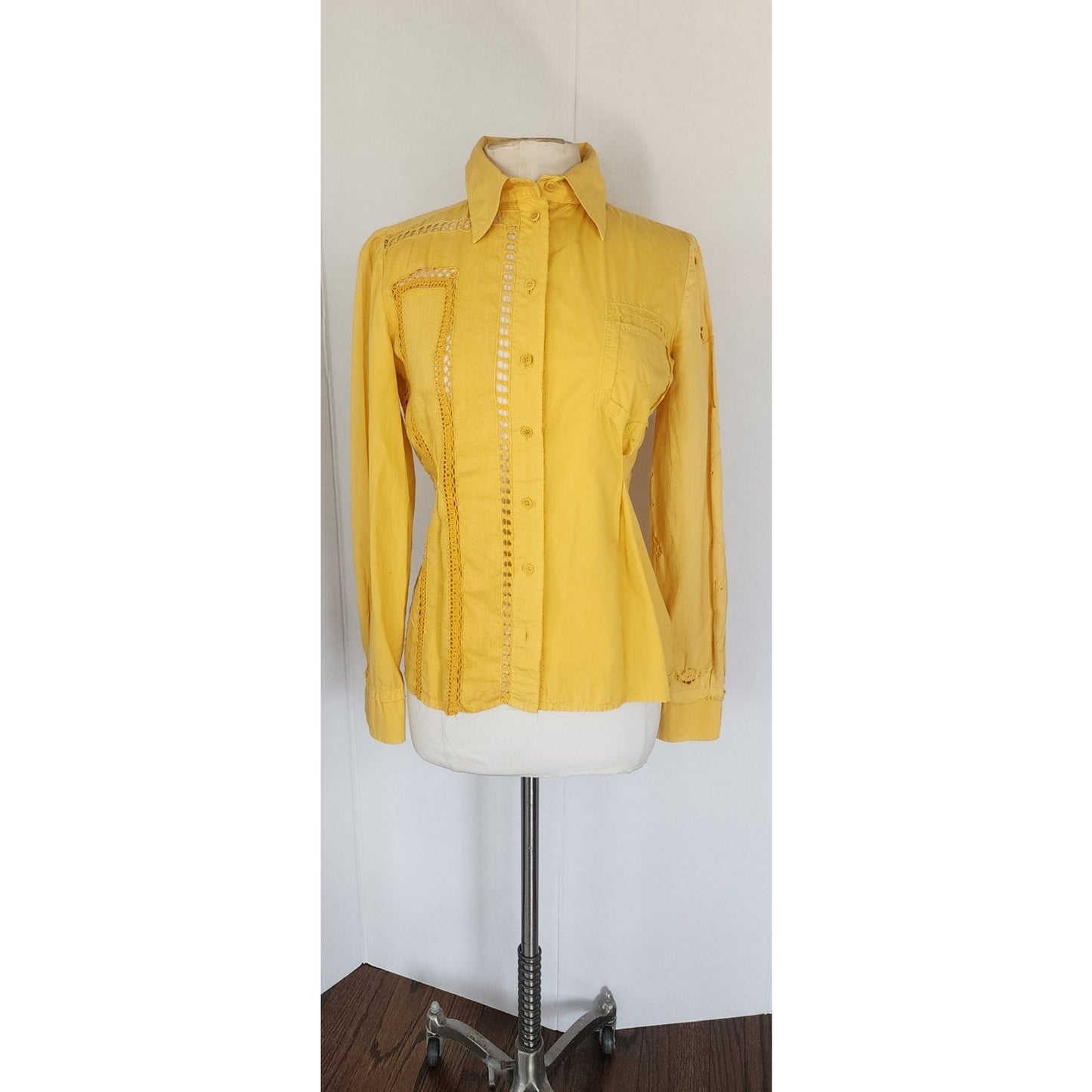 Vintage Yellow Shirt Button Down by Philosophy Alberta Ferretti w/ Crochet Trim Small