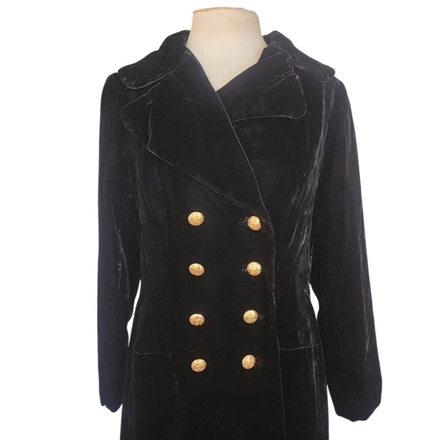 Vintage 1960s Black Velvet Opera Coat Double Breasted Gold Buttons