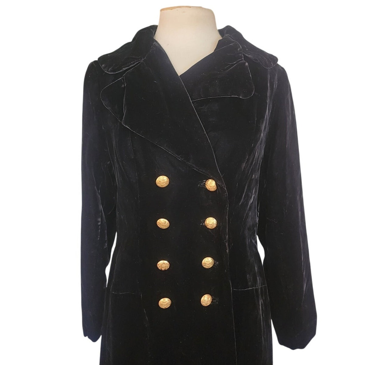 Vintage 1960s Black Velvet Opera Coat Double Breasted Gold Buttons