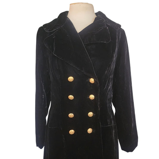 Vintage 1960s Black Velvet Opera Coat Double Breasted Gold Buttons