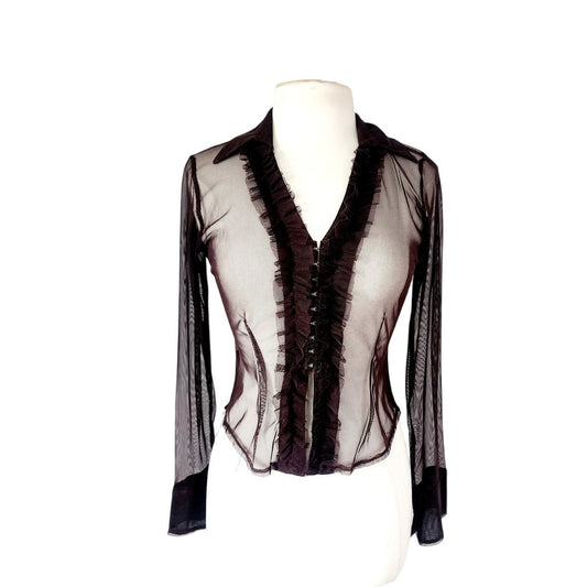 Vintage 90s Sheer Blouse Brown Mesh Ruffled Front