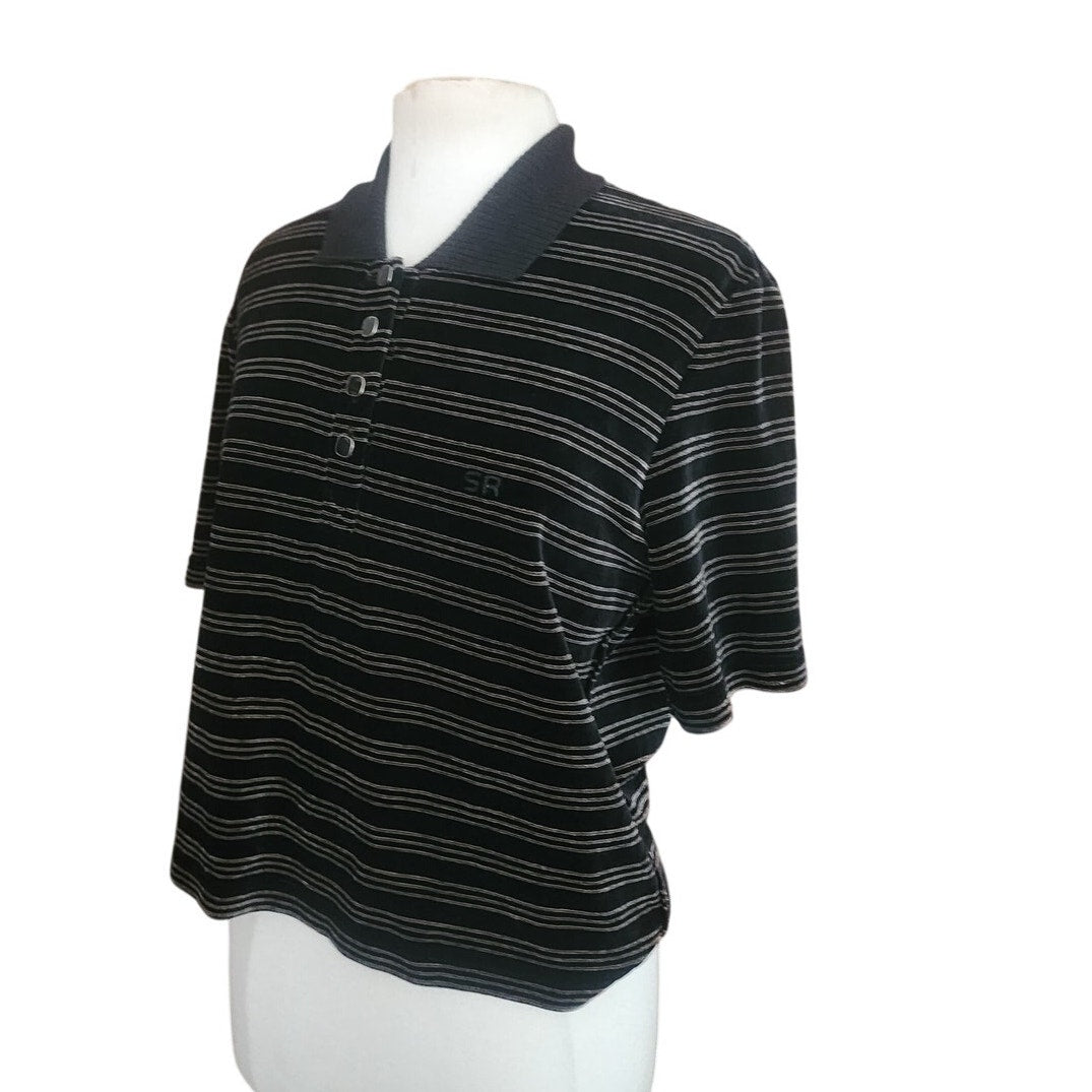 Vintage 1990s Sonia Rykie Velourl Top Black Gray Striped Short Sleeve Knit Polo Shirt