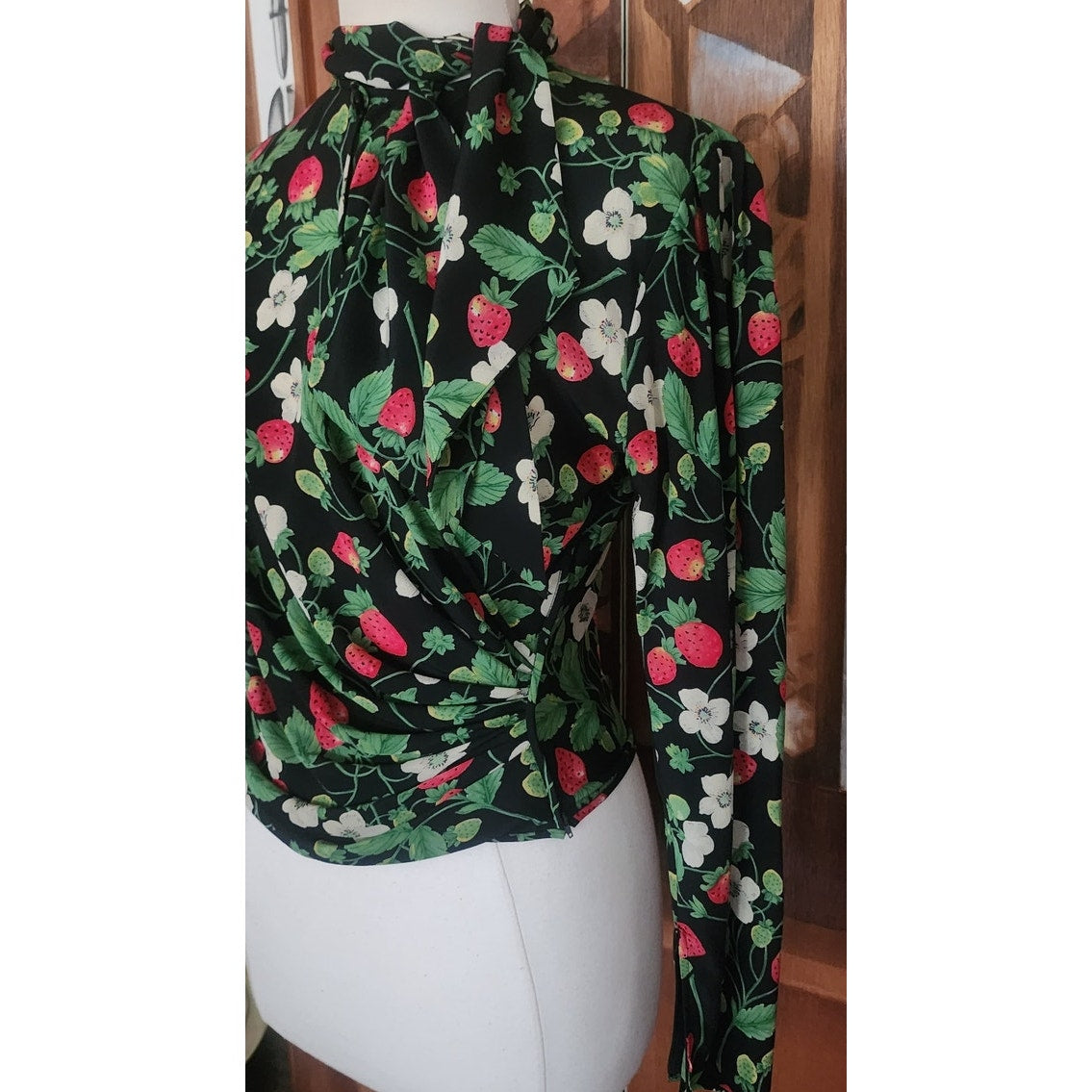 Vintage 1980s Emanuel Ungaro Parallele Blouse Strawberry Floral Print Silk Long Sleeve Shirt