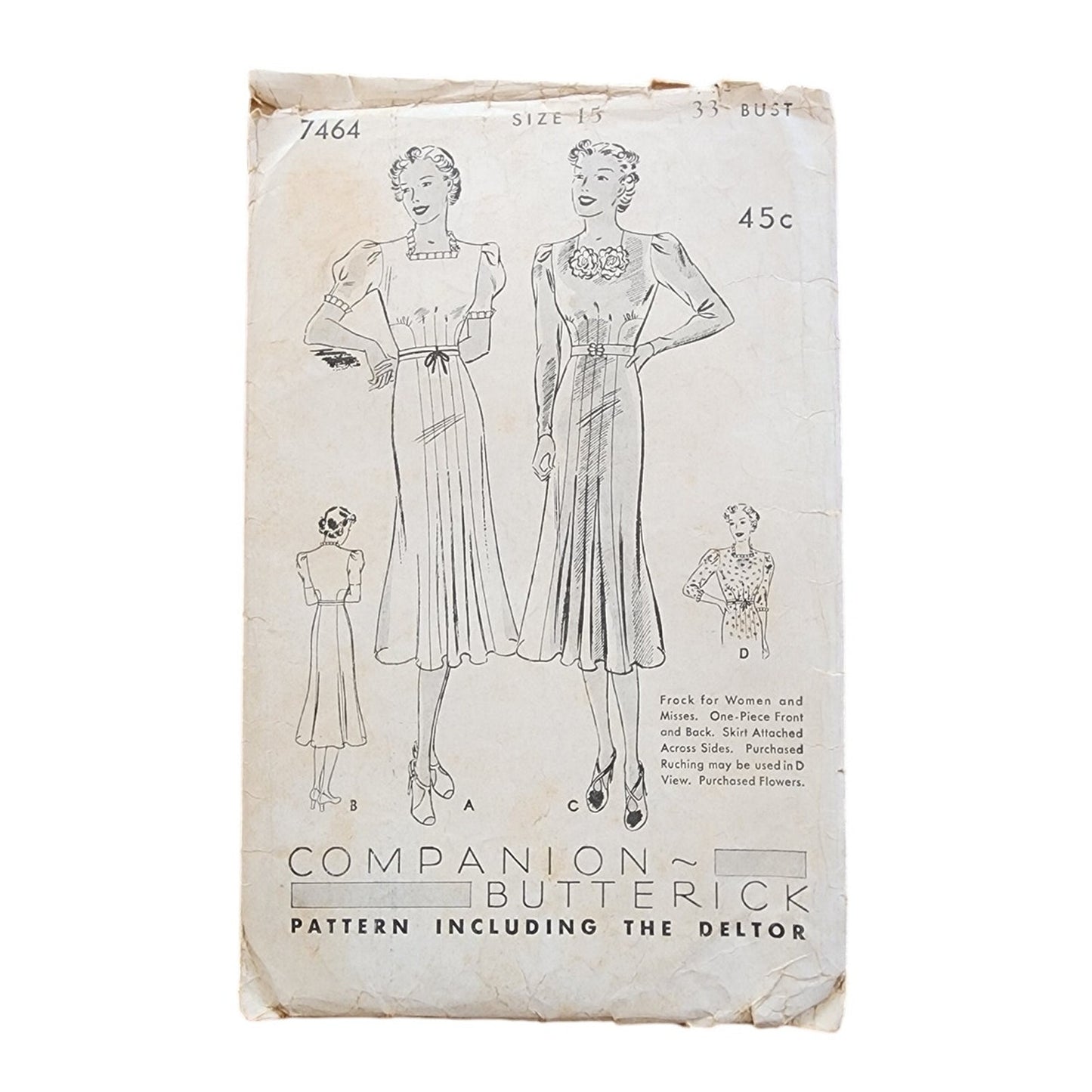 Vintage 1930s Sewing Pattern ORIGINAL: Dress with Ruching Butterick 7464