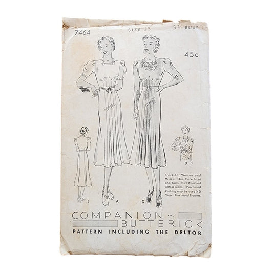 Vintage 1930s Sewing Pattern ORIGINAL: Dress with Ruching Butterick 7464