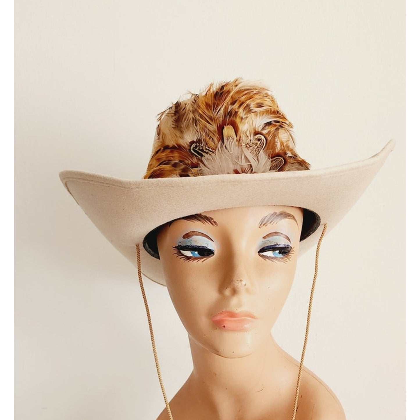 Vintage Beige Cowboy Hat w/Feather by Rockmount Wind River 1850 Size 7 1/4 Mens Unisex