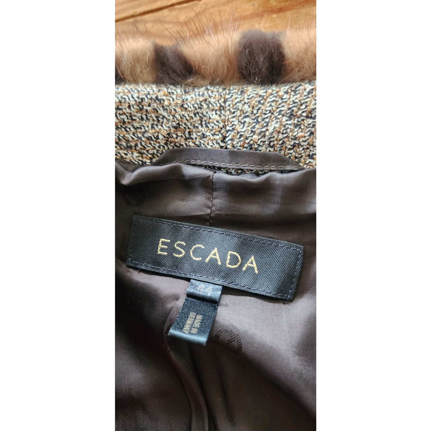 Vintage ESCADA Dress + Jacket Suit Set Alpaca Blend Wool Tweed Striped Mink Fur Trim / L