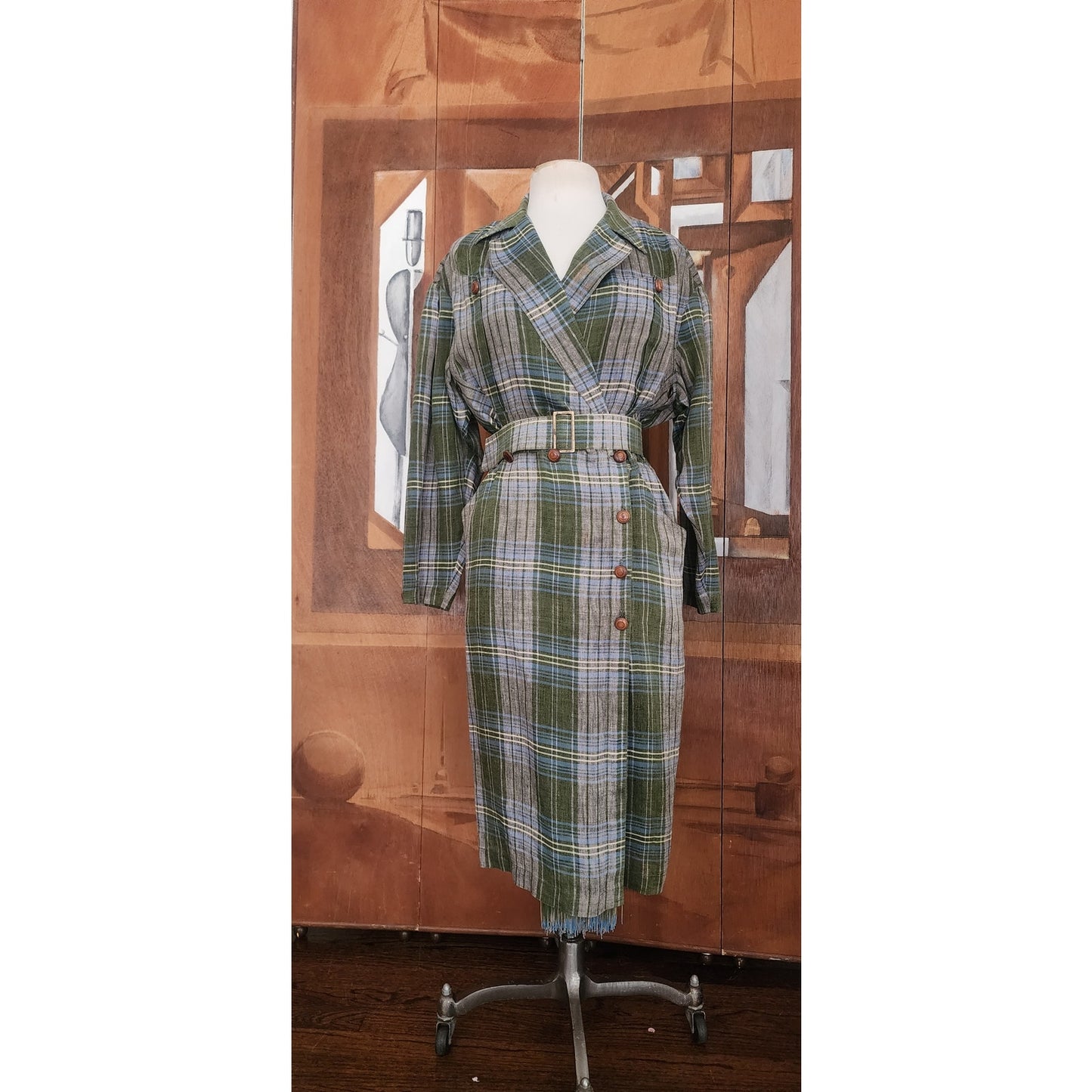 Vintage 1980s Thierry Mugler Dress Plaid Linen w/ Fringe Wrap Style Midi