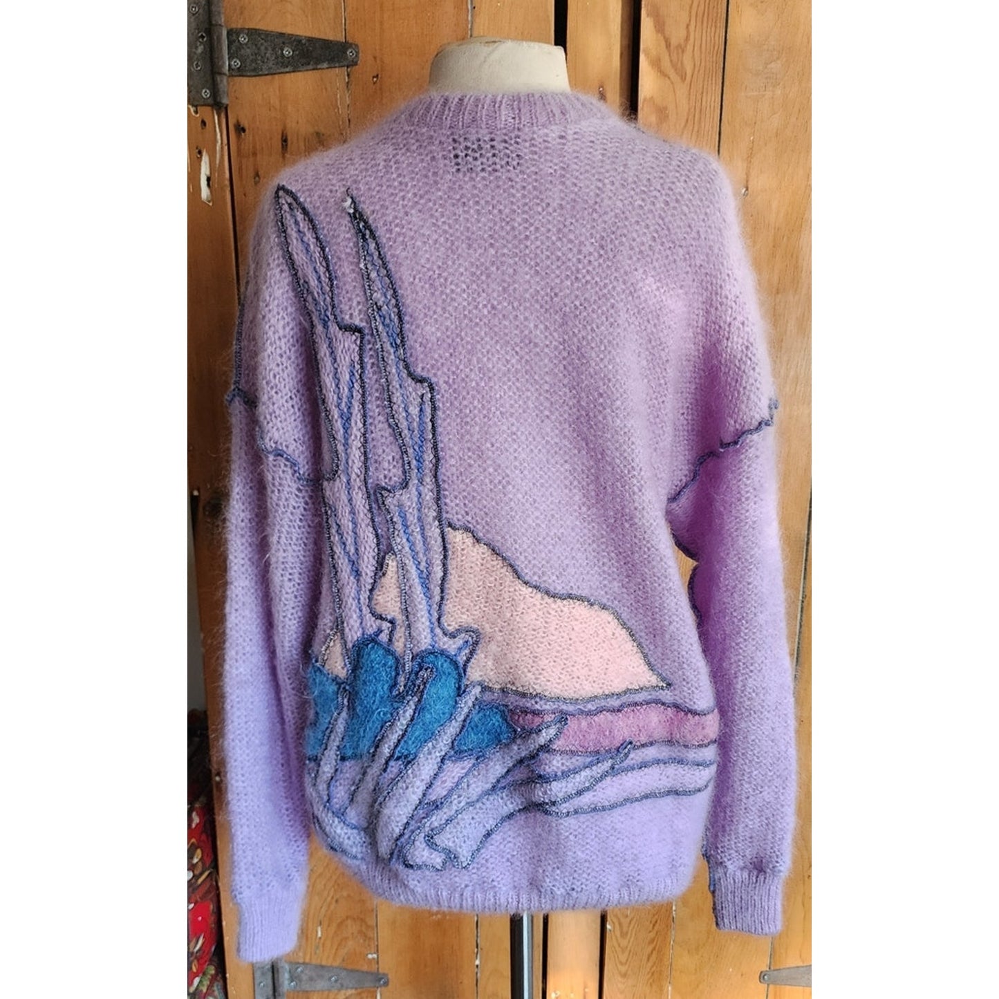 80s Purple Sweater in Embroidered Mohair Village Scene Applique by Vashti New Zealand