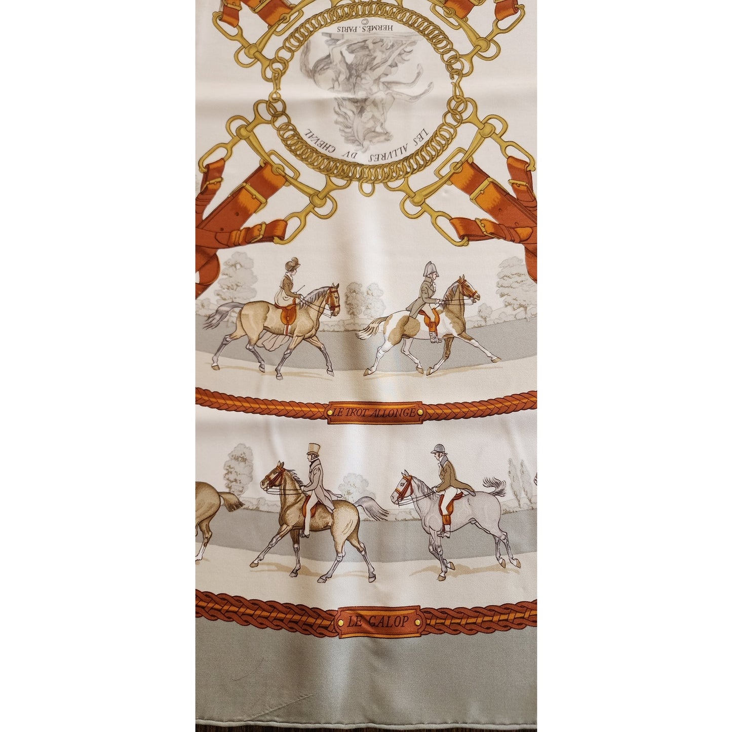 Hermes Silk Scarf "Les Allures de Cheval" by Ledoux Equestrian Horse Print Gray