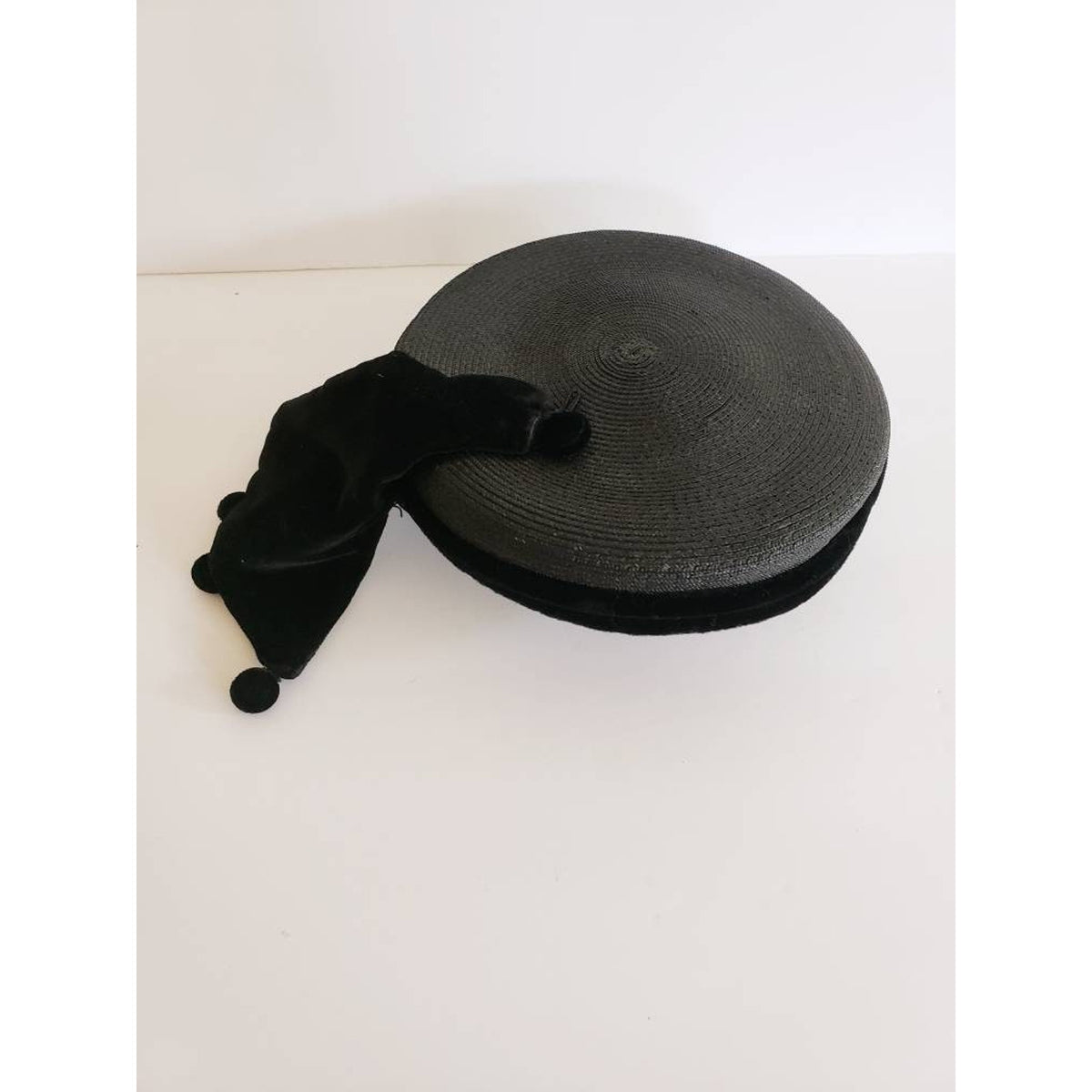 Vintage 1950s Black Hat Fascinator Modernist Avant Garde Cocktail Beanie Hat Pom-Pom Fringe Yeagers Akron Ohio