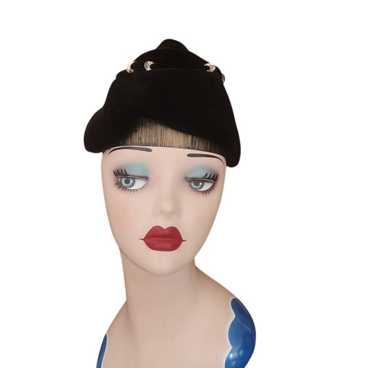 Vintage 1930s Hat Black Velvet Art Deco Modernist Avant Garde Austelle