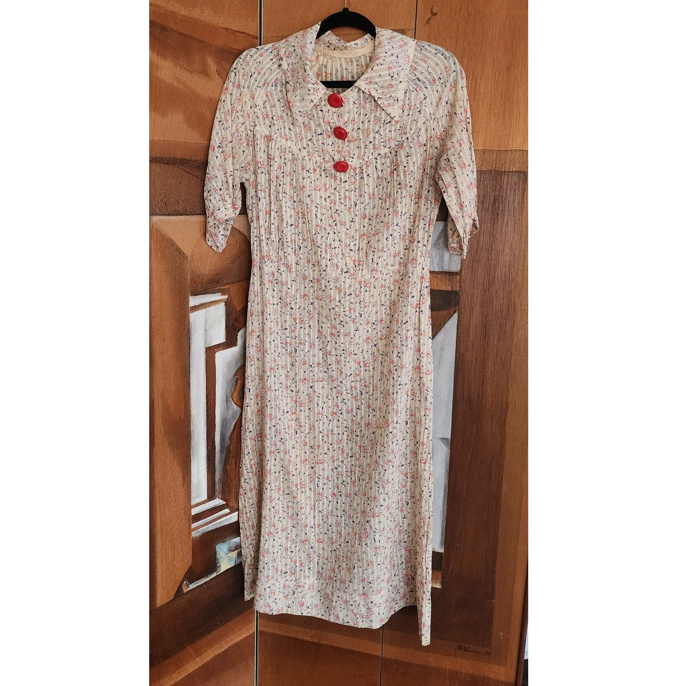 Vintage 30s Silk Day Dress Short Sleeves Speckled Floral Print Large Red Buttons