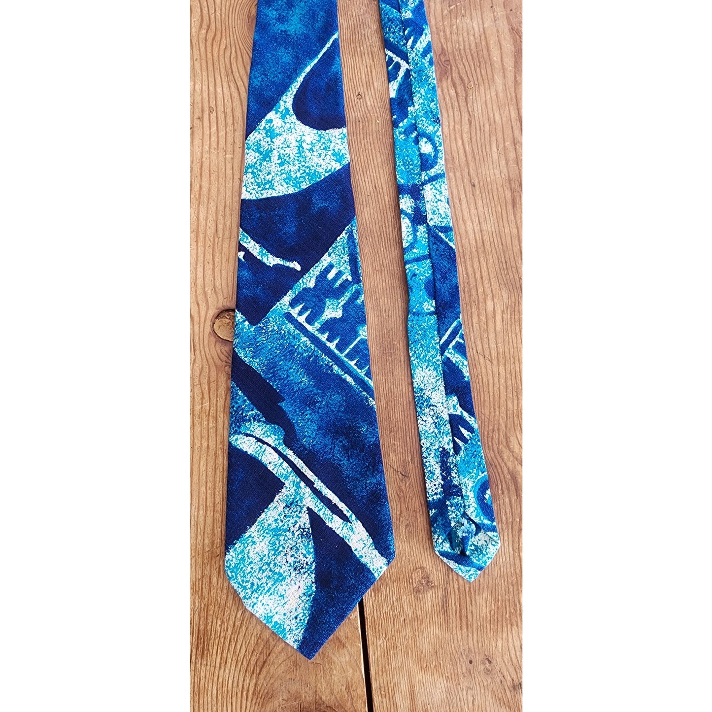 Vintage 60s Mens Necktie Blue Tiki Print Kanaka Hawaiian