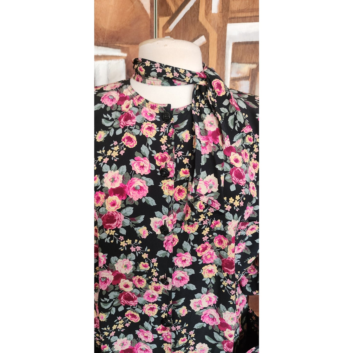 Vintage 80s UNGARO Silk Floral Print Dress Necktie Sash Button Down Front